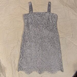 R&M Elegant Gray silver metallic crochet Lace Dress 16 gray satin straps